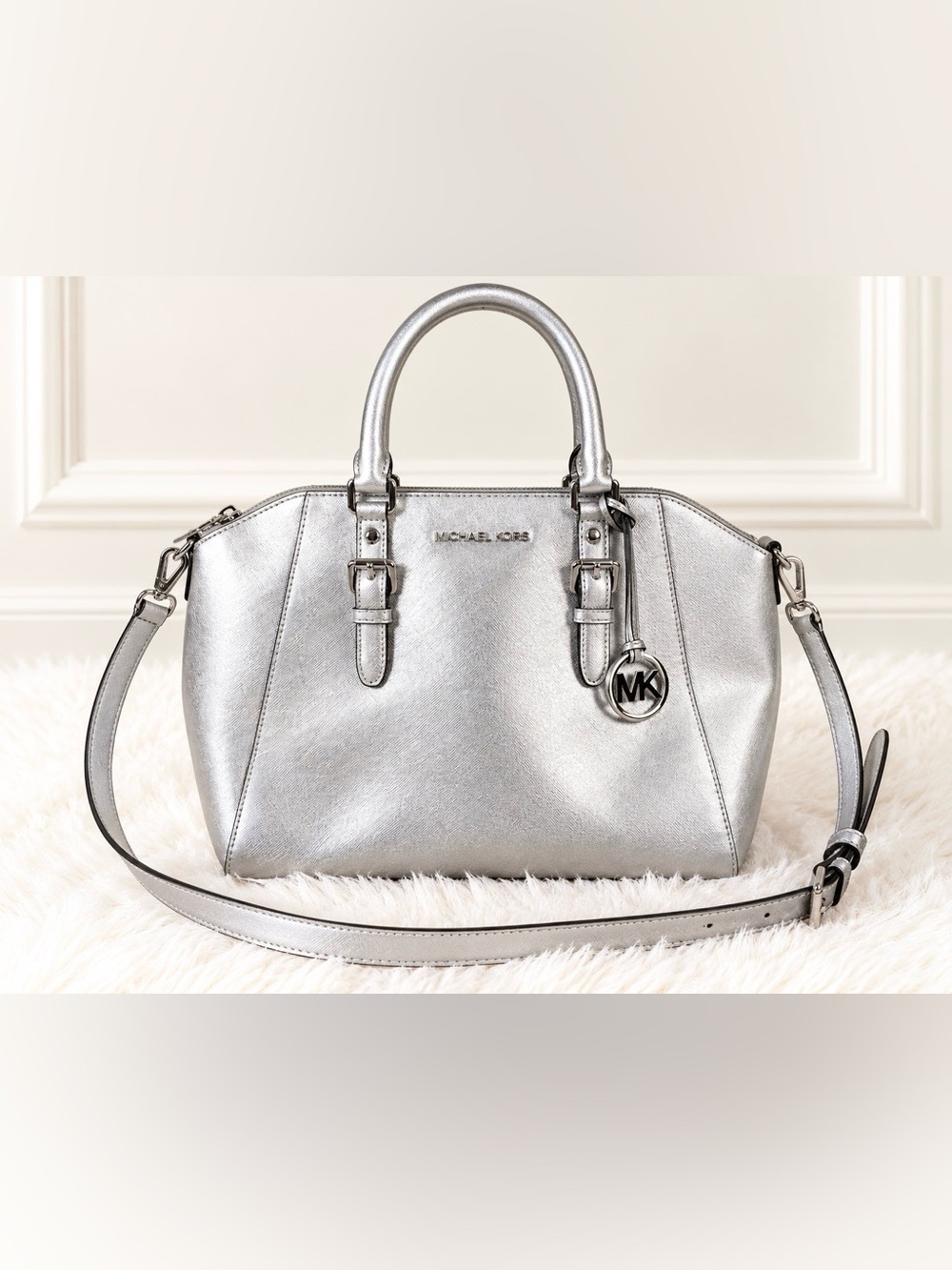 Michael Kors Ciara Large Metallic Saffiano Leather Satchel- Silver Like New